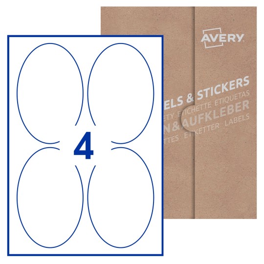 illustrazione di un foglio con 4 etichette ovali e sullo sfondo una confezione marrone