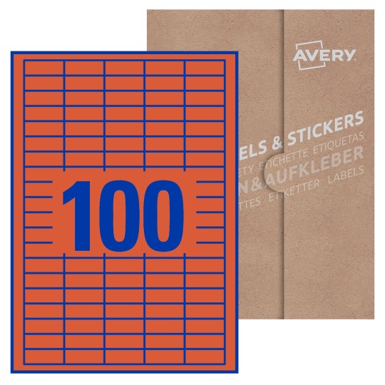 illustrazione di un foglio con 100 etichette rettangolari e sullo sfondo una confezione marrone