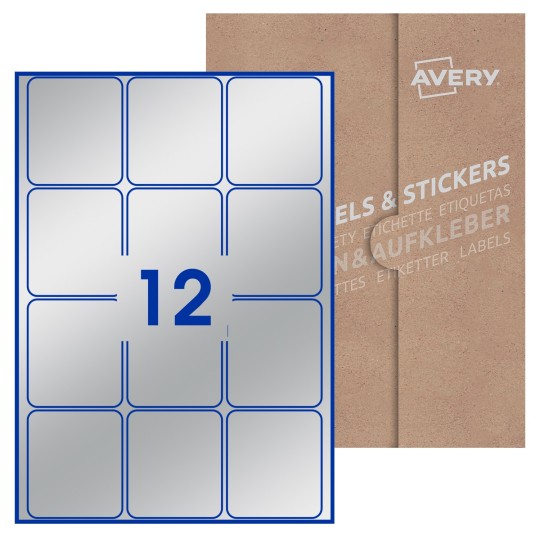illustrazione di un foglio con 12 etichette rettangolari e sullo sfondo una confezione marrone