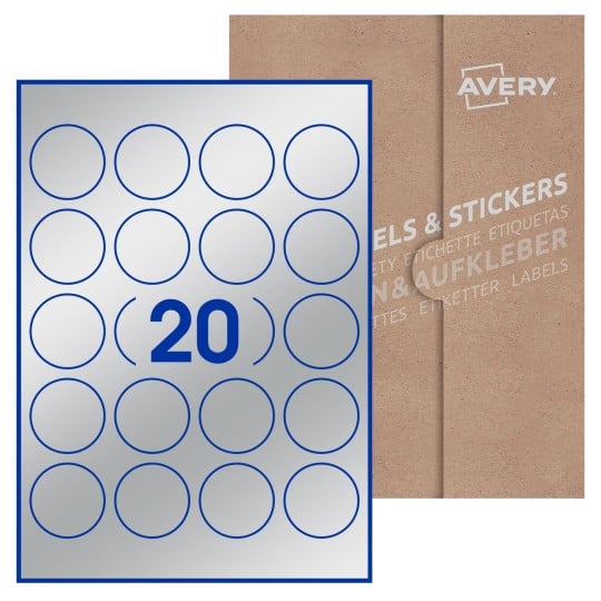 illustrazione di un foglio con 24 etichette rotonde e sullo sfondo una confezione marrone
