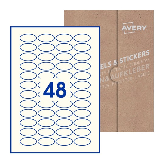 illustrazione di un foglio con 48 etichette ovali e sullo sfondo una confezione marrone - Etichette adesive ovali 40 x 20mm