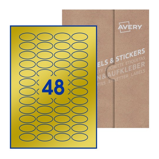 illustrazione di un foglio con 48 etichette ovali e sullo sfondo una confezione marrone - Etichette adesive ovali 40 x 20mm