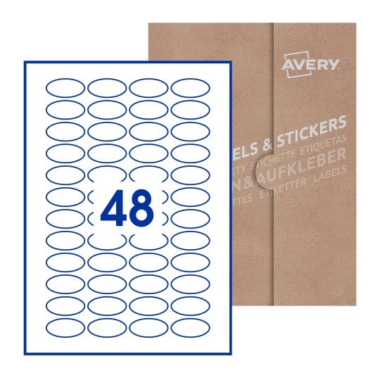 illustrazione di un foglio con 48 etichette ovali e sullo sfondo una confezione marrone - Etichette adesive ovali 40 x 20mm