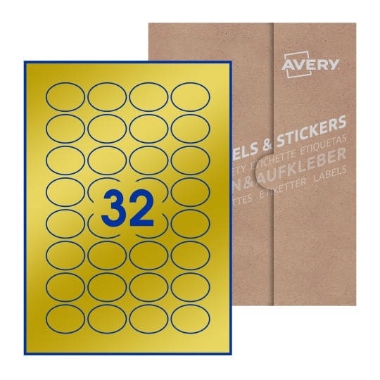 illustrazione di un foglio con 32 etichette ovali e sullo sfondo una confezione marrone - Etichette adesive ovali 40 x 30mm