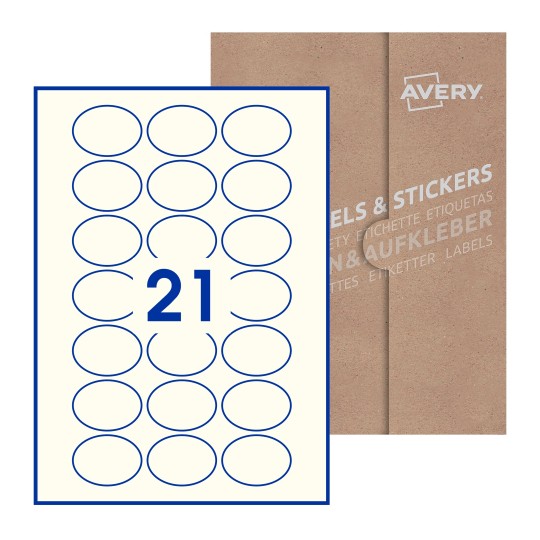 illustrazione di un foglio con 21 etichette ovali e sullo sfondo una confezione marrone - Etichette adesive ovali 50 x 37mm