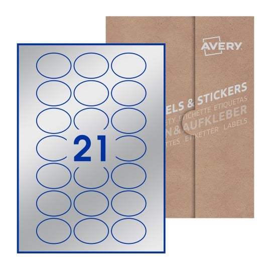 illustrazione di un foglio con 21 etichette ovali e sullo sfondo una confezione marrone - Etichette adesive ovali 50 x 37mm