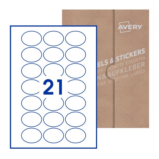 illustrazione di un foglio con 21 etichette ovali e sullo sfondo una confezione marrone - Etichette adesive ovali 50 x 37mm