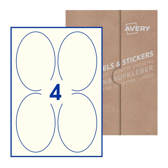 illustrazione di un foglio con 4 etichette ovali e sullo sfondo una confezione marrone - Etichette adesive ovali 90 x 136mm