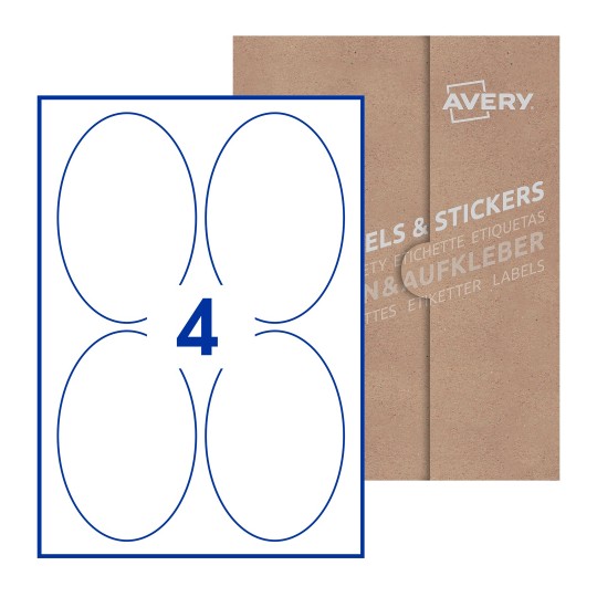 illustrazione di un foglio con 4 etichette ovali e sullo sfondo una confezione marrone - Etichette adesive ovali 90 x 136mm