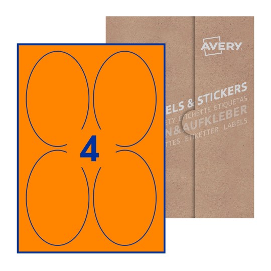 illustrazione di un foglio con 4 etichette ovali e sullo sfondo una confezione marrone - Etichette adesive ovali 90 x 136mm