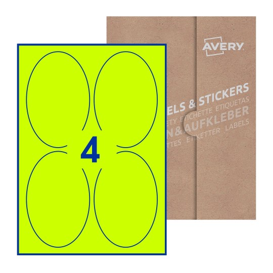 illustrazione di un foglio con 4 etichette ovali e sullo sfondo una confezione marrone - Etichette adesive ovali 90 x 136mm