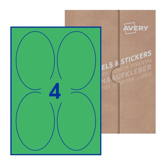 illustrazione di un foglio con 4 etichette ovali e sullo sfondo una confezione marrone - Etichette adesive ovali 90 x 136mm