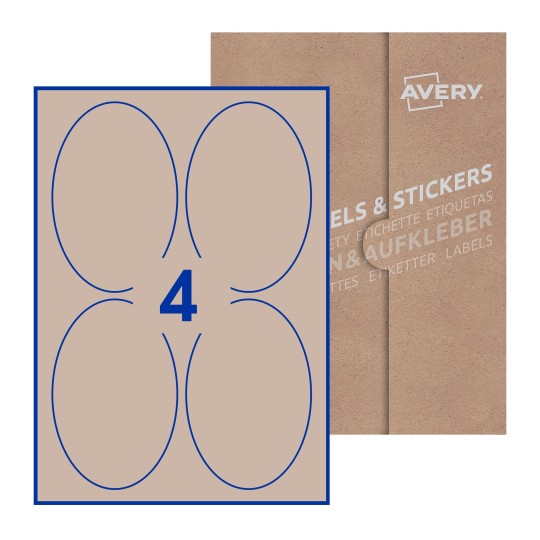 illustrazione di un foglio con 4 etichette ovali e sullo sfondo una confezione marrone - Etichette adesive ovali 90 x 136mm