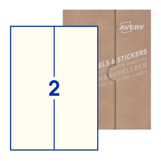 illustrazione di un foglio con 2 etichette rettangolari e sullo sfondo una confezione marrone - Etichette adesive stampabili 105 x 297mm 