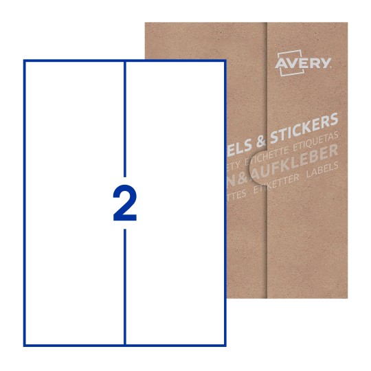 illustrazione di un foglio con 2 etichette rettangolari e sullo sfondo una confezione marrone - Etichette adesive stampabili 105 x 297mm 