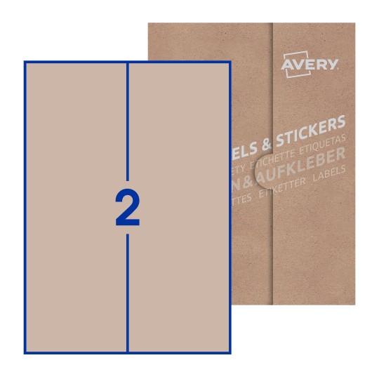 illustrazione di un foglio con 2 etichette rettangolari e sullo sfondo una confezione marrone - Etichette adesive stampabili 105 x 297mm 