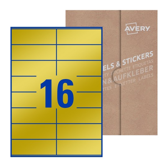 illustrazione di un foglio con 16 etichette rettangolari e sullo sfondo una confezione marrone - Etichette adesive rettangolari 105 x 36 mm