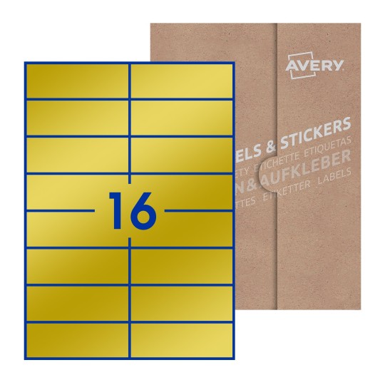 illustrazione di un foglio con 16 etichette rettangolari e sullo sfondo una confezione marrone - Etichette adesive rettangolari 105 x 37 mm