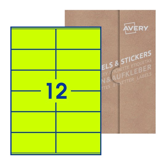 illustrazione di un foglio con 12 etichette rettangolari e sullo sfondo una confezione marrone - Etichette adesive rettangolari 105 x 48 mm 