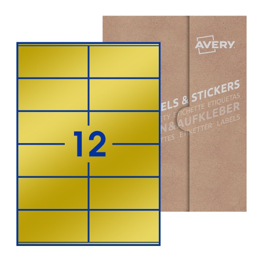 illustrazione di un foglio con 12 etichette rettangolari e sullo sfondo una confezione marrone - Etichette adesive rettangolari 105 x 48 mm 