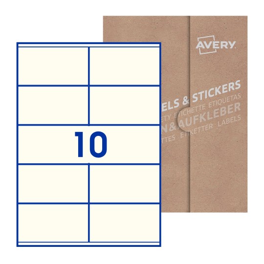 illustrazione di un foglio con 10 etichette rettangolari e sullo sfondo una confezione marrone - Etichette adesive rettangolari  105 x 57mm 