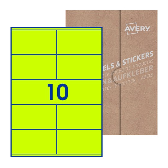 illustrazione di un foglio con 10 etichette rettangolari e sullo sfondo una confezione marrone - Etichette adesive rettangolari  105 x 57mm 