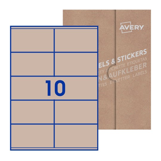 illustrazione di un foglio con 10 etichette rettangolari e sullo sfondo una confezione marrone - Etichette adesive rettangolari  105 x 57mm 