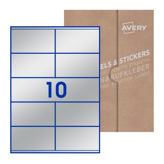 illustrazione di un foglio con 10 etichette rettangolari e sullo sfondo una confezione marrone - Etichette adesive rettangolari  105 x 57mm 