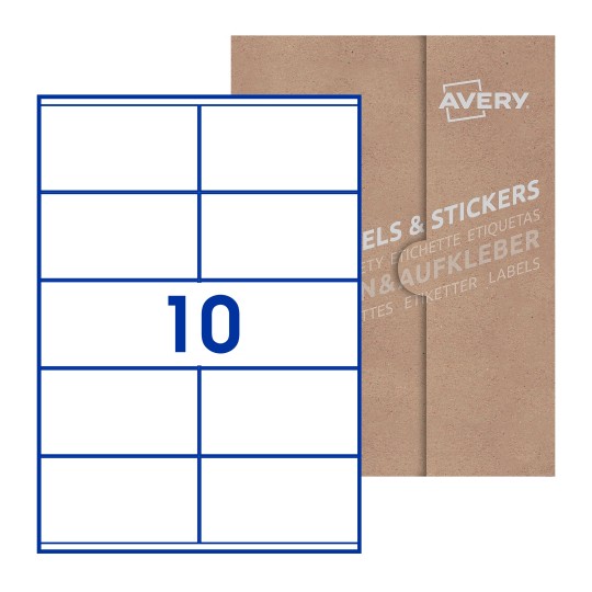 illustrazione di un foglio con 10 etichette rettangolari e sullo sfondo una confezione marrone - Etichette adesive rettangolari  105 x 57mm 