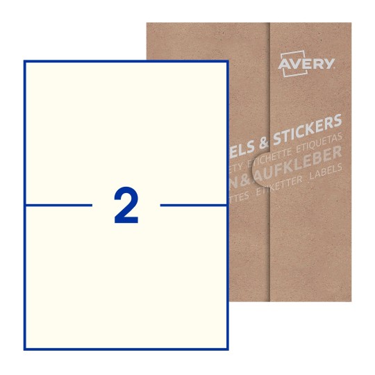 illustrazione di un foglio con 2 etichette rettangolari e sullo sfondo una confezione marrone - Etichette adesive stampabili 210 x 148mm 
