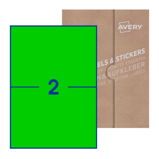 illustrazione di un foglio con 2 etichette rettangolari e sullo sfondo una confezione marrone - Etichette adesive stampabili 210 x 148mm 