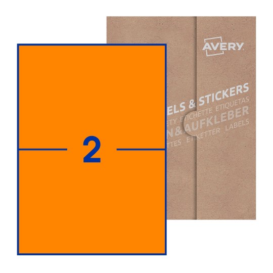 illustrazione di un foglio con 2 etichette rettangolari e sullo sfondo una confezione marrone - Etichette adesive stampabili 210 x 148mm 