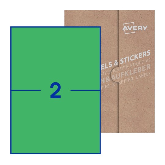 illustrazione di un foglio con 2 etichette rettangolari e sullo sfondo una confezione marrone - Etichette adesive stampabili 210 x 148mm 