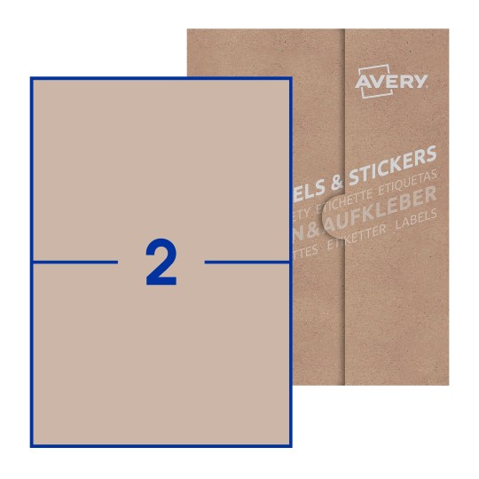 illustrazione di un foglio con 2 etichette rettangolari e sullo sfondo una confezione marrone - Etichette adesive stampabili 210 x 148mm 