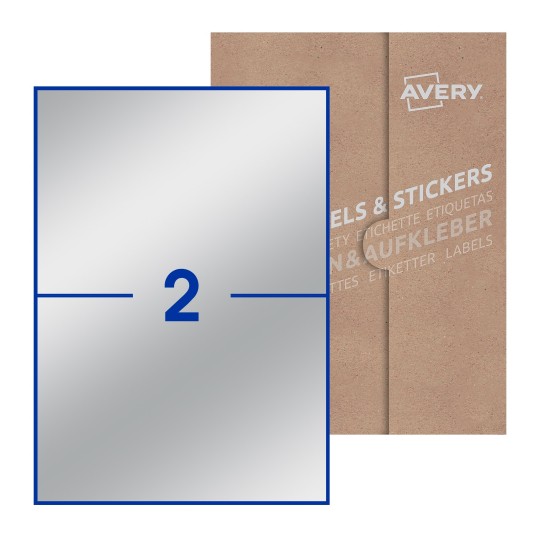 illustrazione di un foglio con 2 etichette rettangolari e sullo sfondo una confezione marrone - Etichette adesive stampabili 210 x 148mm 