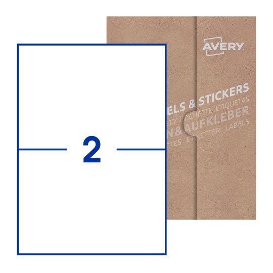 illustrazione di un foglio con 2 etichette rettangolari e sullo sfondo una confezione marrone - Etichette adesive stampabili 210 x 148mm 