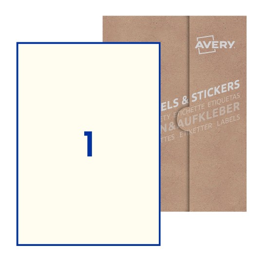 illustrazione di un foglio con 1 etichetta rettangolare e sullo sfondo una confezione marrone - Etichette adesive stampabili 210 x 297mm 