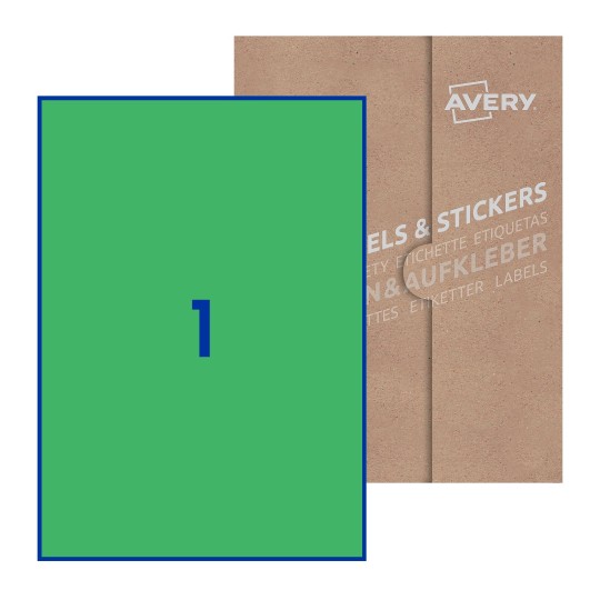 illustrazione di un foglio con 1 etichetta rettangolare e sullo sfondo una confezione marrone - Etichette adesive stampabili 210 x 297mm 
