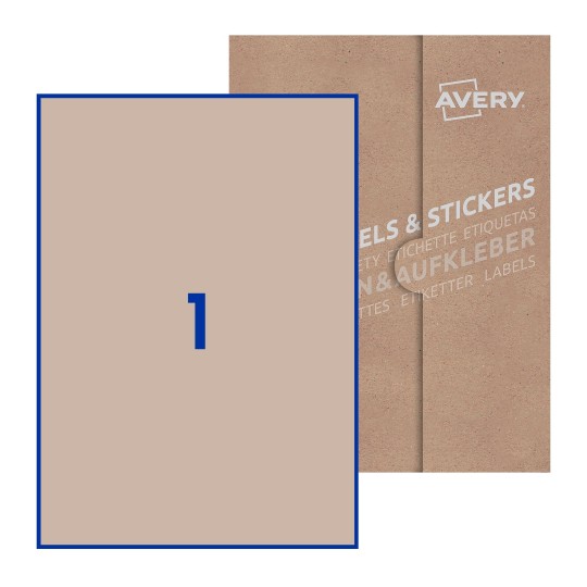 illustrazione di un foglio con 1 etichetta rettangolare e sullo sfondo una confezione marrone - Etichette adesive stampabili 210 x 297mm 