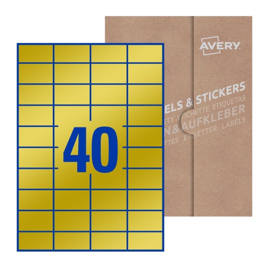 illustrazione di un foglio con 40 etichette rettangolari e sullo sfondo una confezione marrone - Etichette adesive rettangolari 52 x 30 mm 