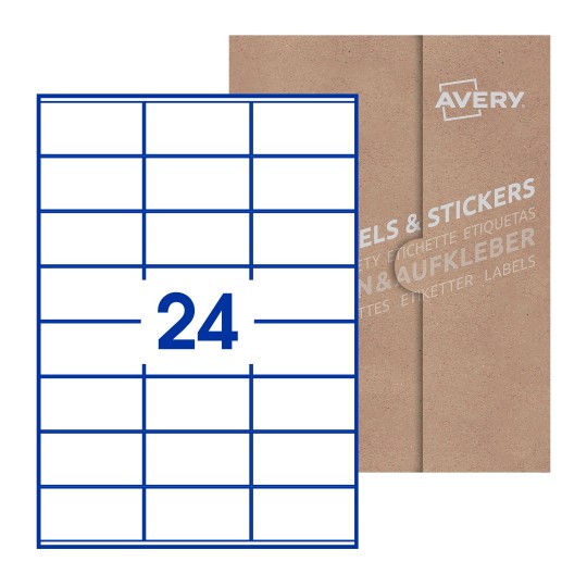 illustrazione di un foglio con 24 etichette rettangolari e sullo sfondo una confezione marrone - Etichette adesive rettangolari  70 x 36mm 