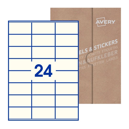 illustrazione di un foglio con 24 etichette rettangolari e sullo sfondo una confezione marrone - Etichette adesive rettangolari  70 x 36mm 