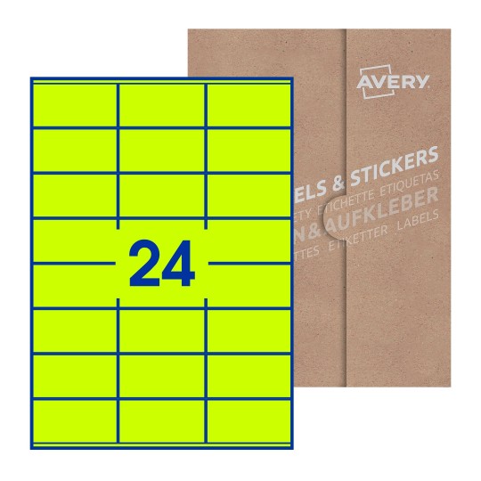 illustrazione di un foglio con 24 etichette rettangolari e sullo sfondo una confezione marrone - Etichette adesive rettangolari  70 x 36mm 
