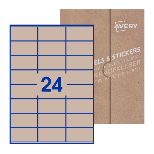 illustrazione di un foglio con 24 etichette rettangolari e sullo sfondo una confezione marrone - Etichette adesive rettangolari  70 x 36mm 