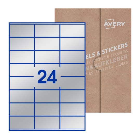 illustrazione di un foglio con 24 etichette rettangolari e sullo sfondo una confezione marrone - Etichette adesive rettangolari  70 x 36mm 