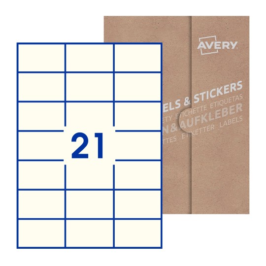 illustrazione di un foglio con 21 etichette rettangolari e sullo sfondo una confezione marrone - Etichette adesive rettangolari  70 x 42mm 