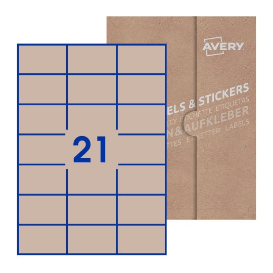illustrazione di un foglio con 21 etichette rettangolari e sullo sfondo una confezione marrone - Etichette adesive rettangolari  70 x 42mm 