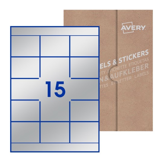 illustrazione di un foglio con 15 etichette rettangolari e sullo sfondo una confezione marrone - Etichette adesive rettangolari  70 x 51mm 