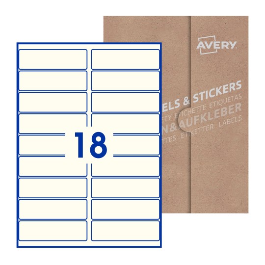 illustrazione di un foglio con 18 etichette rettangolari e sullo sfondo una confezione marrone - Etichette adesive rettangolari  100 x 30mm 