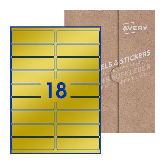 illustrazione di un foglio con 18 etichette rettangolari e sullo sfondo una confezione marrone - Etichette adesive rettangolari  100 x 30mm 